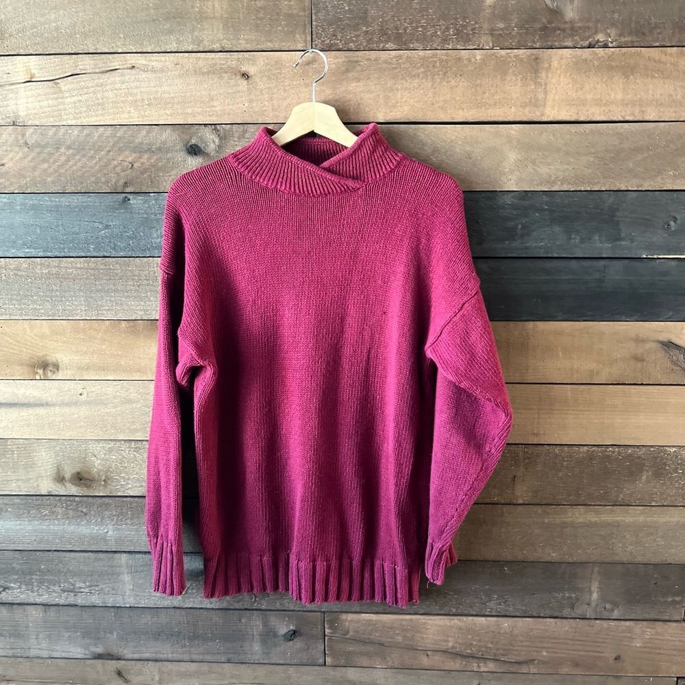 Vintage 90s Averroe Berry Red Knit Sweater Mock Neck Oversized Fit